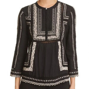 REBECCA TAYLOR Esme Embroidered 3/4 Sleeve‎ Boho Peasant Top Size 2